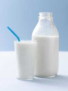 A bottle and glass of white milk