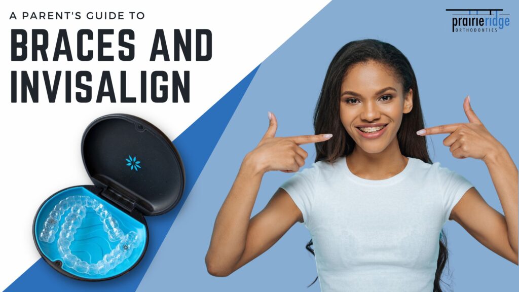 Teen points to her smile with clear aligners on. Foreground shows Invisalign Aligners case and aligner set.