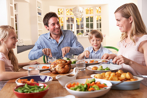 family sitting around the dinner table at thanksgiving